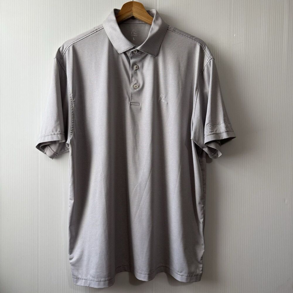 Rhoback Performance Polo Shirt L Mens Striped Short Sleeve Golf GrayBeige (Logo)